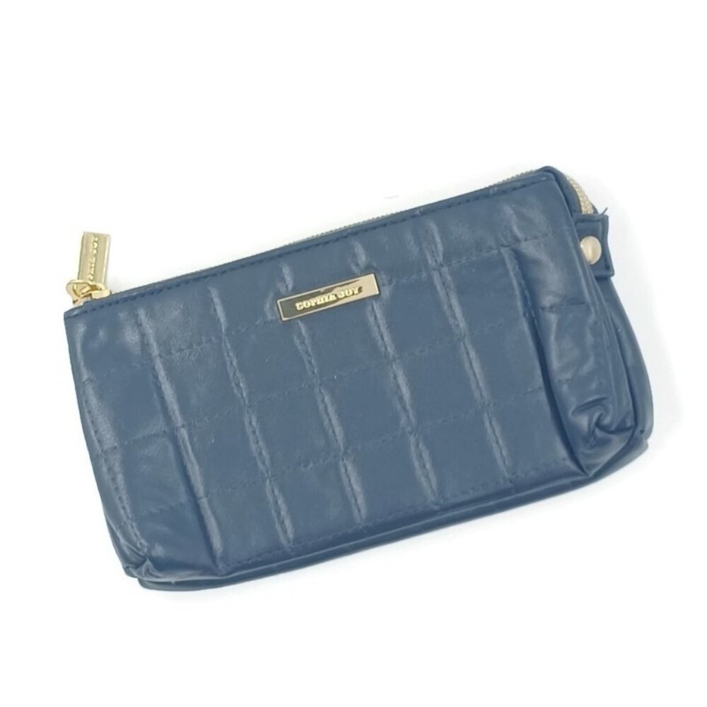 Sophia Joy Women's Pouch 8x5 Navy Blue Faux Leather Quilted Padded Cosmetic Zip